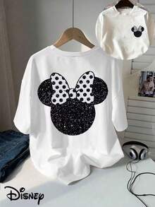 Classic Cartoon Disney Authorized Minnie's Head With Black And White Starlight Silhouette And Double-Sided Printed T-Shirt, Short-Sleeved Round Neck Casual Shirt, Suitable For Summer And Spring, Short-Sleeved Shirt, Men's And Women's Clothing. - trắng - Xem 1