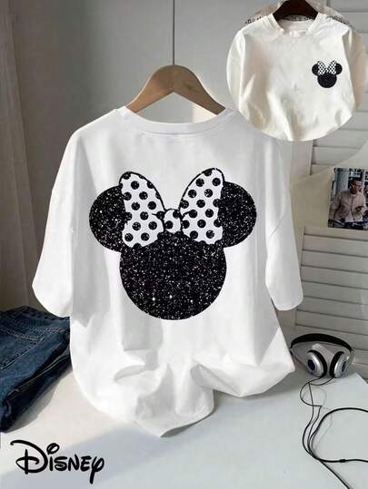  Classic Cartoon Disney Authorized Minnie's Head With Black And White Starlight Silhouette And Double-Sided Printed T-Shirt, Short-Sleeved Round Neck Casual Shirt, Suitable For Summer And Spring, Short-Sleeved Shirt, Men's And Women's Clothing.