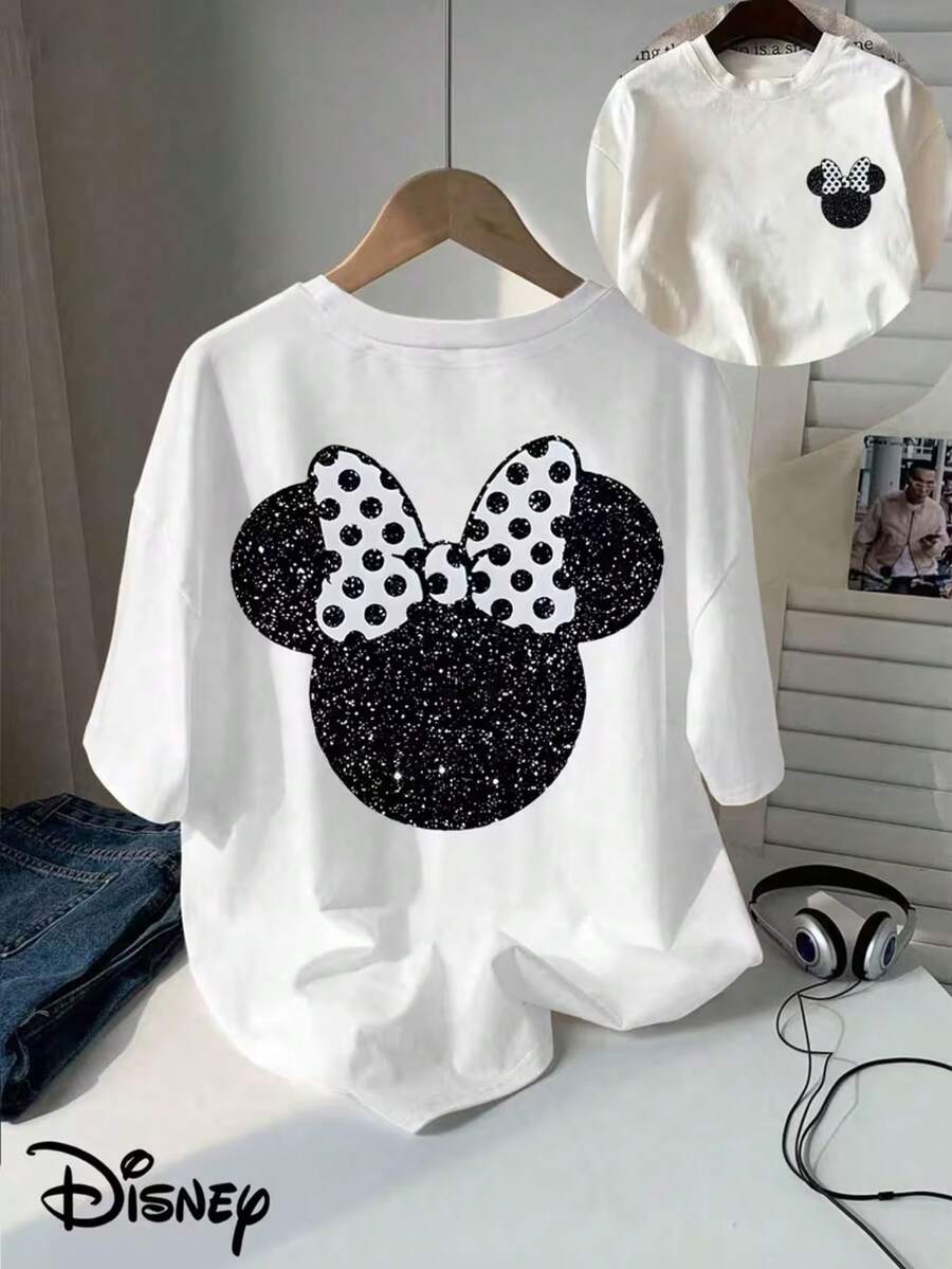 Classic Cartoon Disney Authorized Minnie's Head With Black And White Starlight Silhouette And Double-Sided Printed T-Shirt, Short-Sleeved Round Neck Casual Shirt, Suitable For Summer And Spring, Short-Sleeved Shirt, Men's And Women's Clothing. - trắng - Xem 1