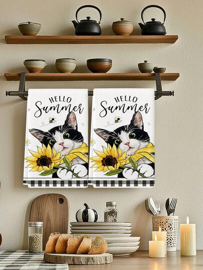 2 Pcs Spring Summer Kitchen Towels Orange Pink White Daisy Pink Tulip Cat Sunflower Pattern Handkerchiefs Farmhouse Style Kitchen Decor Cloths