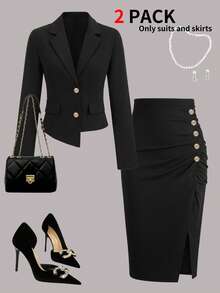 Bộ đồ 2 mảnh thanh lịch dành cho nữ, áo khoác cardigan dài tay phối màu + váy midi không tay, phù hợp cho công sở, hẹn hò, ăn tối từ mùa xuân đến mùa hè. Màu đen. - màu đen - Xem 2