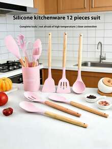 1pc Silicone Spatula Non-Stick Pan Dedicated Spatula, Home Cooking Spatula, Wooden Handle Ladle Soup Spoon 12pcs Kitchenware Set - Multicolor - View 11