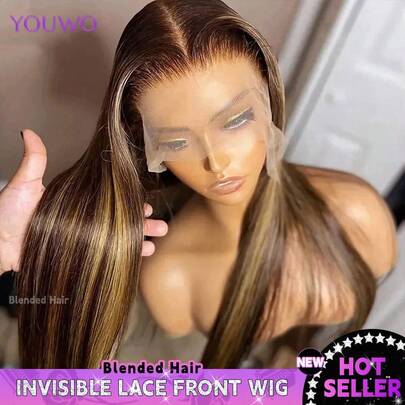 8-14Inch Honey Blonde Wig Human Blended Hair 200% Density 13x4 HD Lace Front Wigs Pre Plucked Ombre Lace Front Wig For Women Straight No Glue Wigs Natural Hairline With Baby Hair 16-34Inch