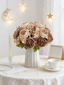 1/3/80pcs Romantic Silk Peony & Hydrangea Artificial Flower Bouquet, Home Decor Fake Flowers, Wedding Decoration, Spring Decor, Indoor, Kitchen, Dining Room, Bedroom, Bathroom, New Year, Outdoor Garden, Bridal Bouquet, School Supplies, Back To School, Valentine's Day Decor, New Year Decor - Brown - View 1