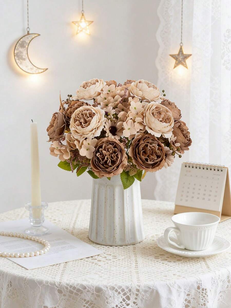 1/3/80pcs Romantic Silk Peony & Hydrangea Artificial Flower Bouquet, Home Decor Fake Flowers, Wedding Decoration, Spring Decor, Indoor, Kitchen, Dining Room, Bedroom, Bathroom, New Year, Outdoor Garden, Bridal Bouquet, School Supplies, Back To School, Valentine's Day Decor, New Year Decor - Brown - View 1