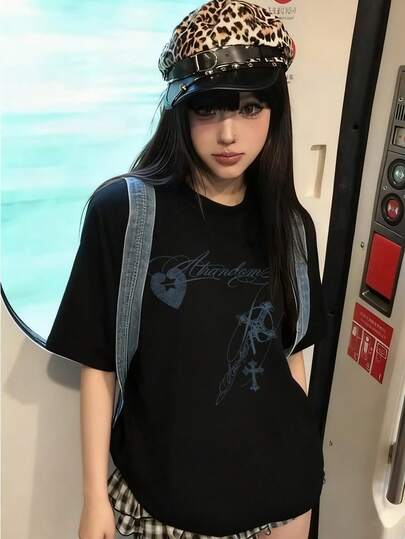 2026 Summer New Women's Casual Round Neck Loose Slimming Streetwear Punk Style Graphic Print Lightweight Versatile Short Sleeve T-Shirt
