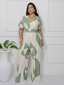 Women's Plus Size Printed Long Jumpsuit, Wide Leg, Short Sleeve, V-Neck, Front Gathering, Comfortable - Olive Green - View 9