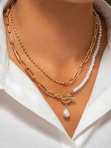 1 件时尚长珍珠链项链，复古风格个性化珍珠扣项链 - 金色 - 查看 5