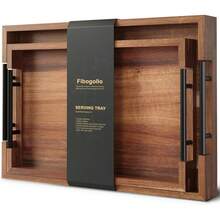 Acacia Wood Serving Tray With Metal Handles,15x10in Ottoman Decorative Trays Platter Coffee Table,Living Room,Bar,Party(Medium) - 棕色 - 查看 4