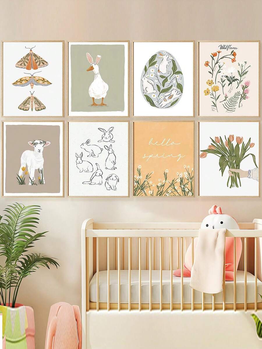 1pc Paintings Canvas Wall Art - Spring Art, Easter Decor, Bohemian Easter Art, Floral Art, Neutral Color Wall Decor, Floral Art - Baby Goods – Framed Nursery Wall Art Perfect Fit For Playroom Decor Nursery Decor, Childcare Room Decor, Preschool Decor, Boy's Room Decor Girl's Bedroom Decor Kids' Room Decor Easter Wall Decor, Nursery Spring Decor, Easter Children's Room Posters, Spring Decor Posters - Multicolor - View 1