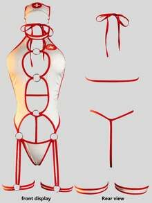 2pcs Sexy Nurse Lingerie Set, Sheer Hollow-Out Jumpsuit With Headband And Metal Chain, Suitable For Role Play, Valentine's Day, Special Occasions - Red - View 3