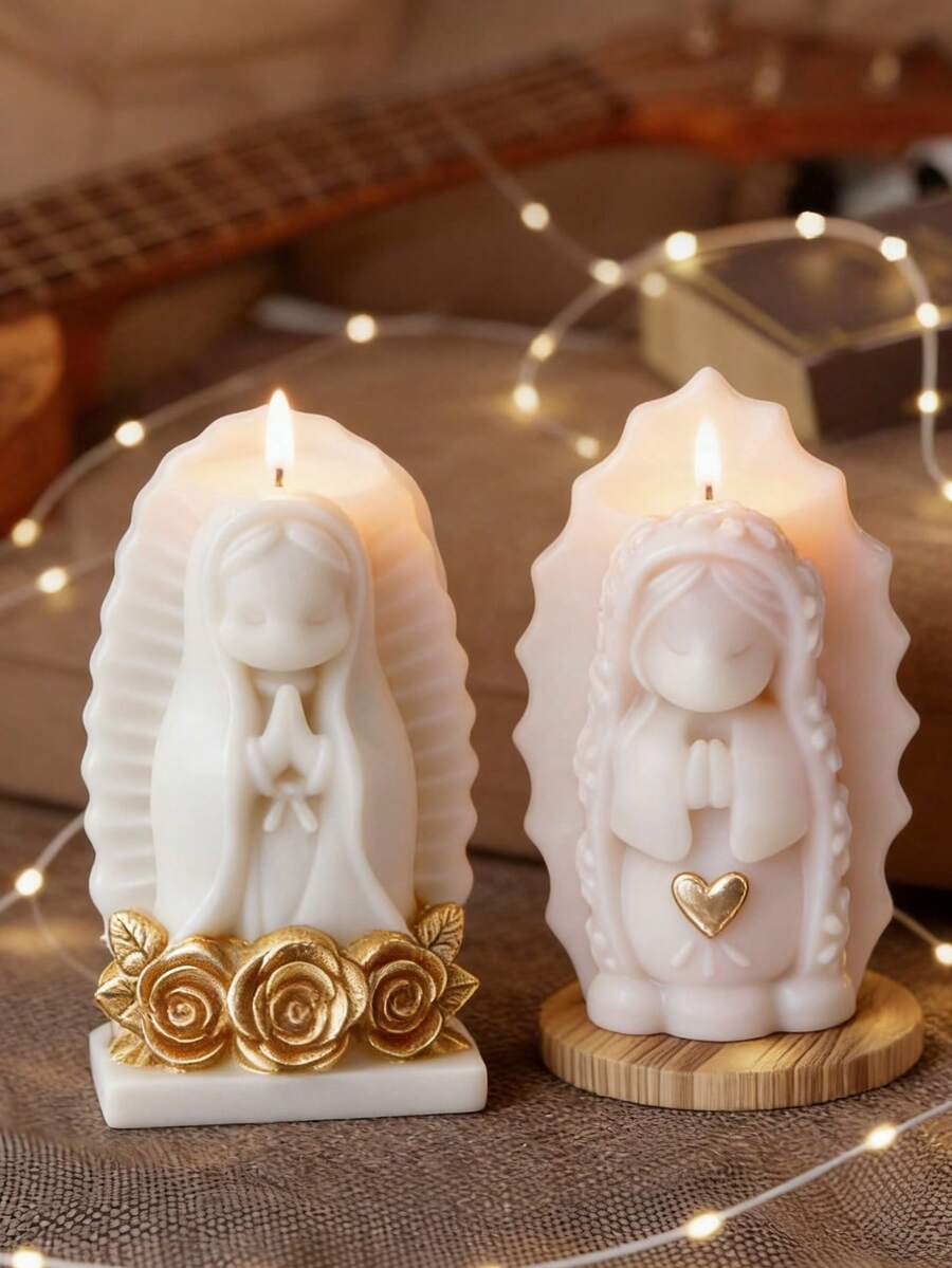 1个3D可爱祈祷女孩和圣母玛利亚硅胶模具，耐热高弹性，易脱模，可重复使用，适用于蜡烛/石膏/树脂/绘画/捏捏乐减压玩具蜡烛模具，节日家居装饰教堂摆件家庭聚会礼物，适合DIY爱好者/洗礼纪念品 - 白色 - 查看 1