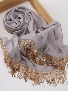 1pc Elegant Luxurious Modest Sequin Tassel Women Hijab Scarf For Abaya - Multicolor - View 7