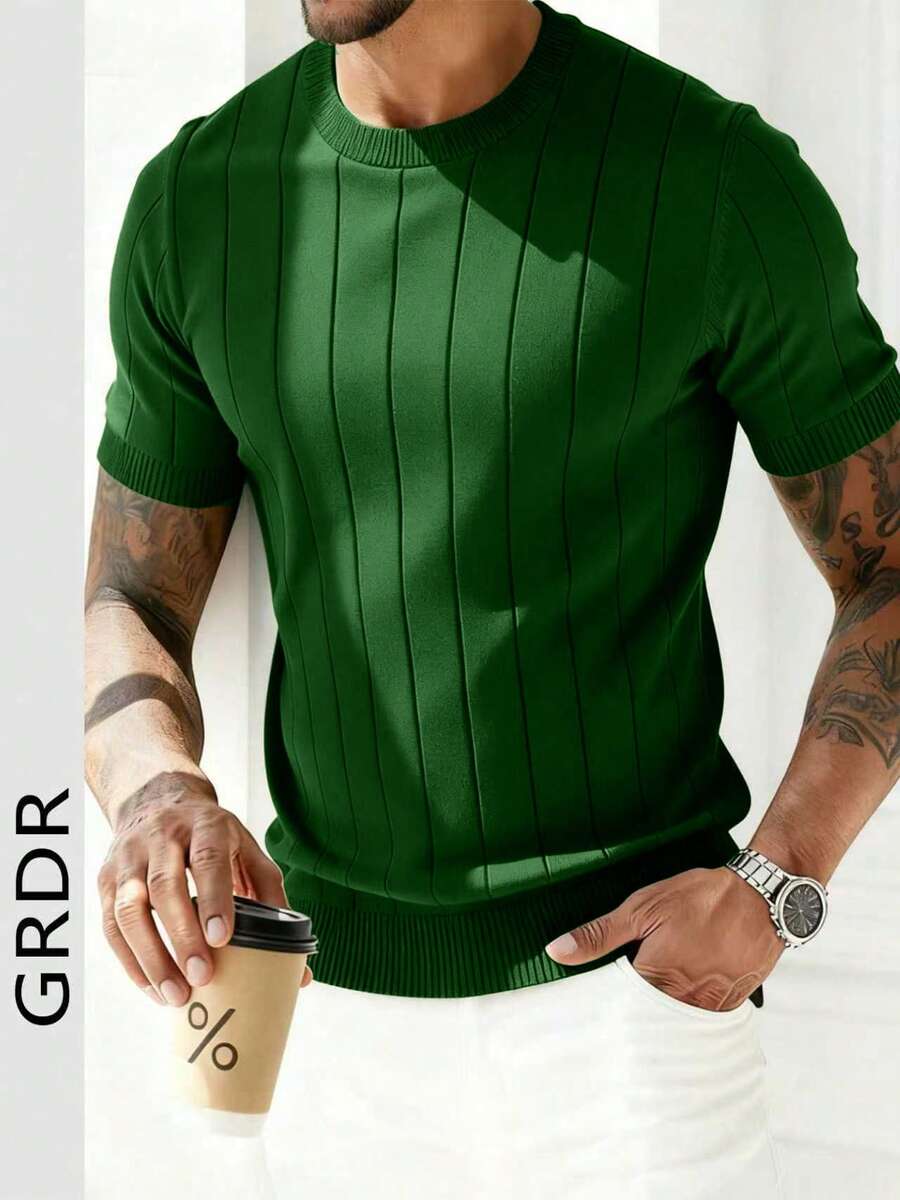 GRDR Men's Summer Ribbed Crew Neck Lightweight Knit Short Sleeve Sweater - Green - View 1