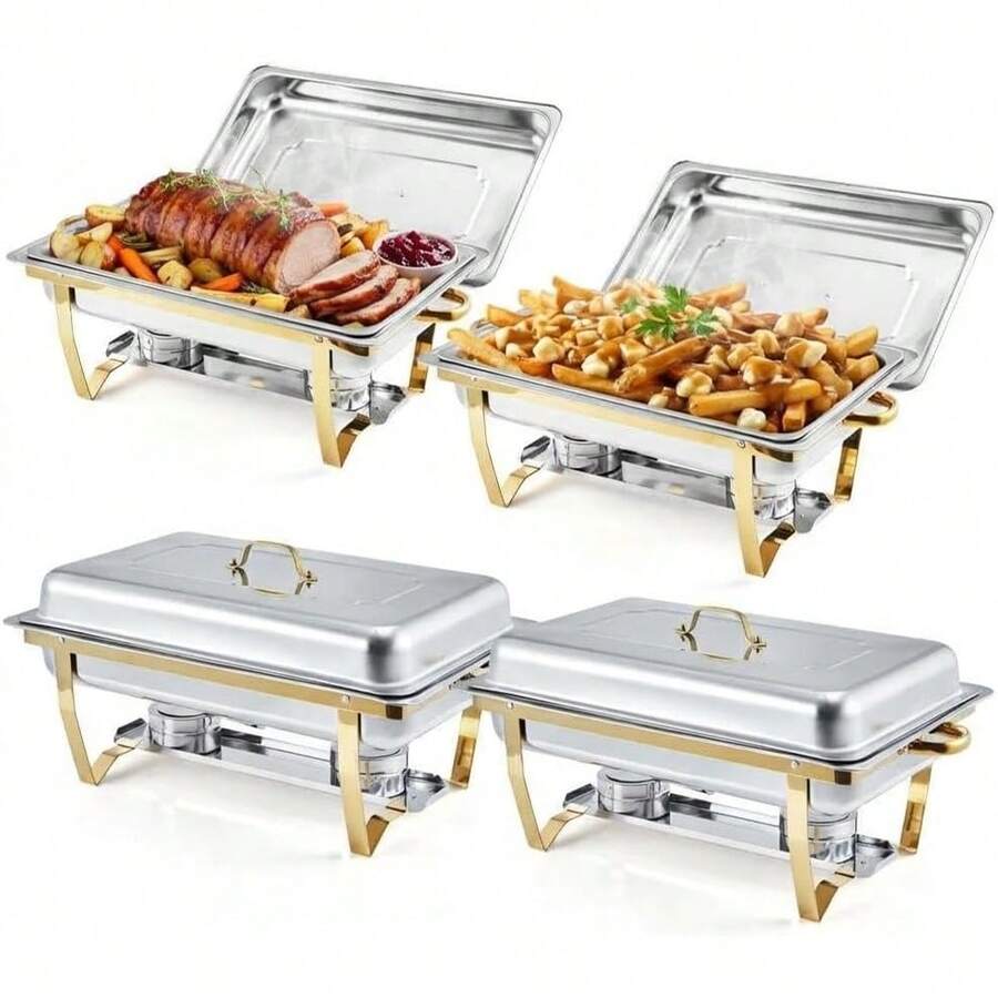 4-Pack Chafing Plate Buffet Set, 8QT Acero inoxidable Plata/Oro Servidores rectangulares Buffet y calentadores de alimentos con tapas y soportes plegables, ideal para fiestas, catering, bodas, eventos - Dorado - Ver 1