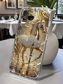 1pc Rhinestone Horse Illustration Transparent Spacious Phone Case Compatible With Apple 17, 16, 16e, 15, 14, 13, 12, 11 Pro Max, X, XR, XS, 8, 7 Plus, Protective Cover - Clear - View 4
