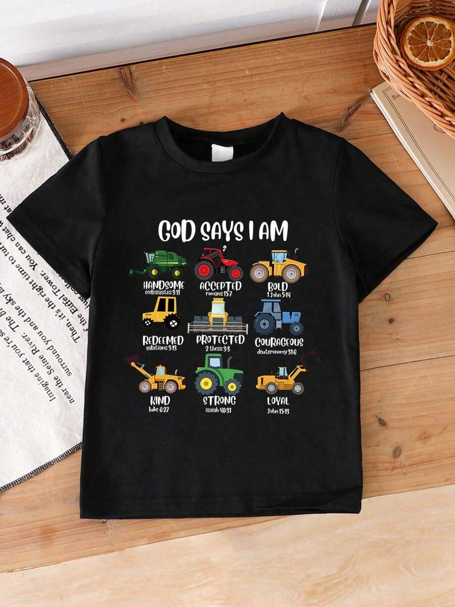 年輕男孩的時尚街頭風格標語印花T恤，圓領，休閒夏季上衣 - 黑色 - 查看 1