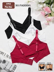 3pcs Plus Size Wireless & Unpadded Bras For Women - Multicolor - View 3