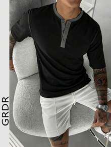 GRDR 1pc Men's Summer Casual Henley Neck Short Sleeve T-Shirt - Black - View 1