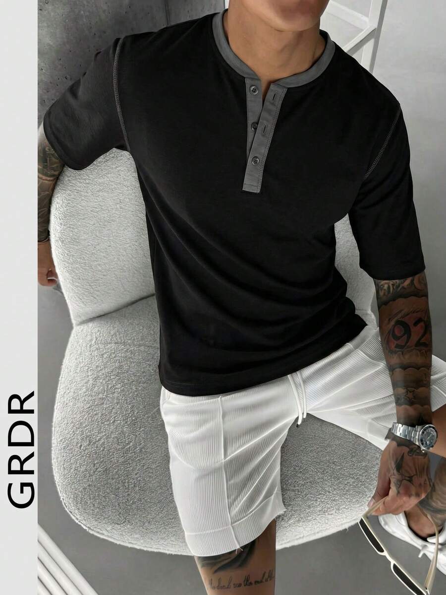 GRDR 1pc Men's Summer Casual Henley Neck Short Sleeve T-Shirt - Black - View 1