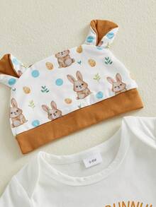Conjunto de 3 piezas de trajes de Pascua para bebés varones, mameluco de manga corta con estampado de conejito, pantalones y gorro, ropa para recién nacidos - Blanco - Ver 7