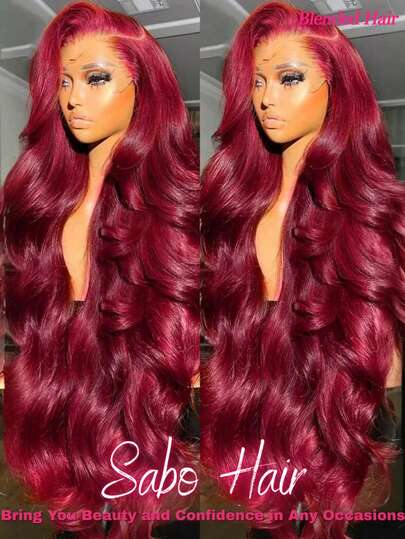 30英寸 13x4 蕾丝前假发，波浪卷发，真人前额发丝假发，200% 密度，高清透明隐形蕾丝假发，波浪卷发混纺假发，99J 酒红色，预先拔毛，带婴儿发