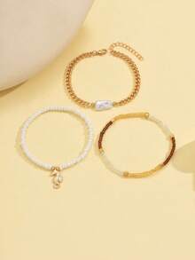 3pcs/Set Fashionable Beaded Gold Color Anklet Jewelry With Ocean Life Decor, Suitable For Women's Daily Outfit, Beach Holiday, Party And Travel - Multicolor - View 2