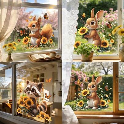 1/3片卡通玻璃窗贴，可爱松鼠兔子浣熊向日葵静电吸附可重复使用玻璃门装饰，房间装饰DIY艺术家居厨房必备