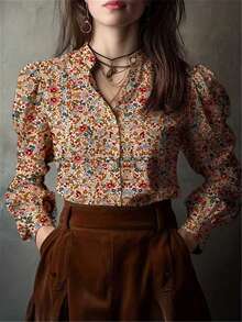Camisa con botones y mangas con volantes con estampado floral diminuto en todo el diseño, ideal para vacaciones y primavera - Albaricoque - Ver 9