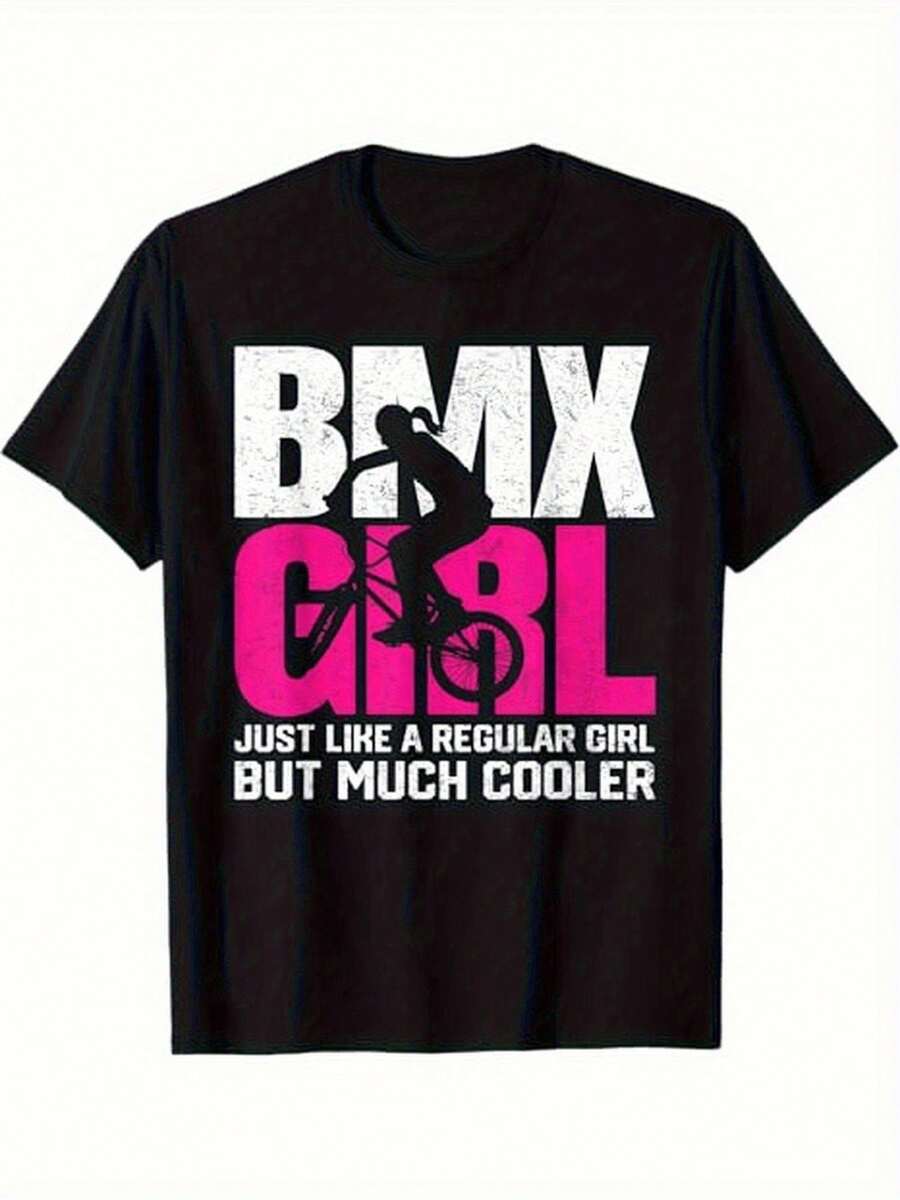 Playera BMX para Chicas Cool Diseño Único Casual Negro Algodón Ideal para Amantes del Ciclismo Urbana Juvenil Moda Mexicana Impresión en Rosa y Blanco Tejido Suave y Confortable Perfecta para Estilo de Vida Activo Regalo Especial para Amigas Ciclistas - Negro - Ver 1