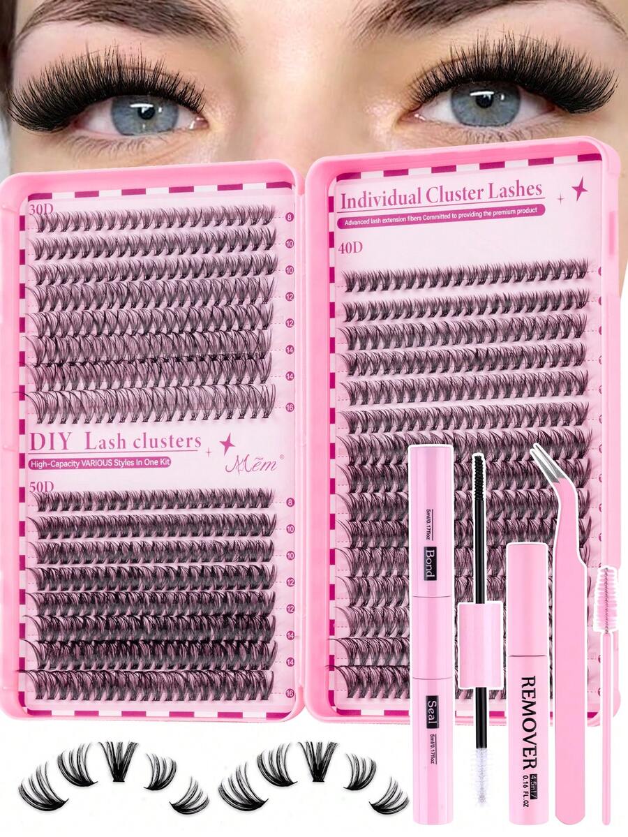 MEM 600/570/620pcs Eyelash Extension Kit, DIY Eyelash Extension Set, Individual Lash Cluster, D Curl Eyelash Extension Kit, Includes Adhesive, Sealant And Eyelash Extension Tools, Suitable For Daily Use, Travel, Beginners, Weddings, Dates, Parties, Holidays, Great For Christmas/Halloween/Gift Eyelash Set - màu đen - Xem 1