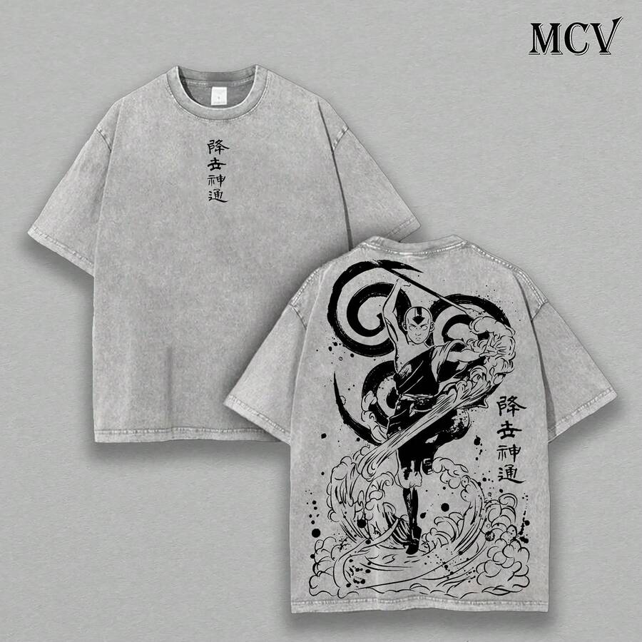 Aang Shirt, Shirt, Animated Shirt, Graphic Tee, Y2k, Unisex Oversize Anime Manga Acid Washed, Gift For Men Women Womenswear Menswear Top Streetwear - 灰色 - 查看 1