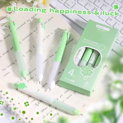 Bộ 34 món (4 bút + 30 ruột bút) Bút bi gel rút màu xanh lá cây và trắng gradient hình cỏ ba lá may mắn, mực chảy mượt 0.5mm, tay cầm mềm mại, chống mỏi tay, lý tưởng cho học sinh và thi cử, quà tặng văn phòng phẩm dễ thương.