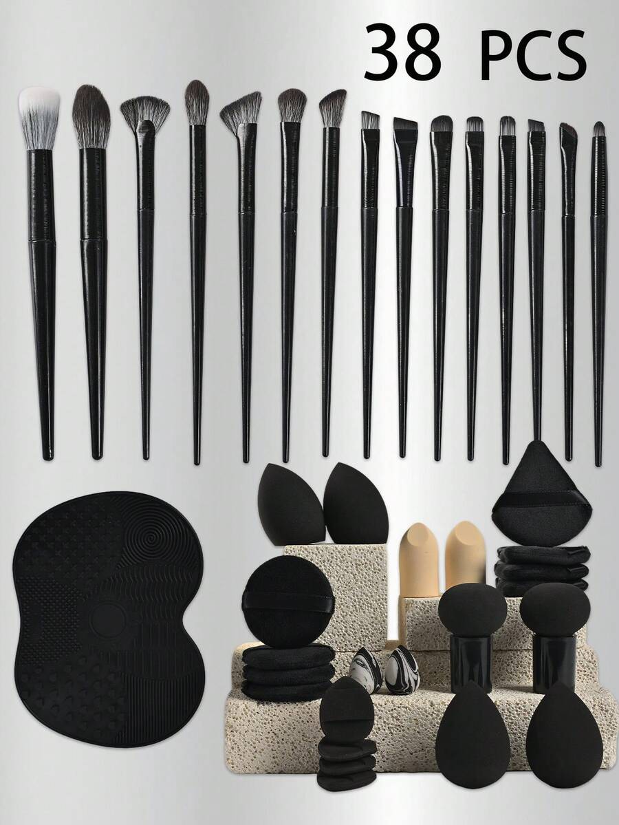 38件套黑色化妆刷套装，专业化妆工具，包含化妆海绵、粉扑、硅胶化妆刷清洁垫、粉底刷、眼影刷、晕染刷、眉刷 - 黑色 - 查看 1