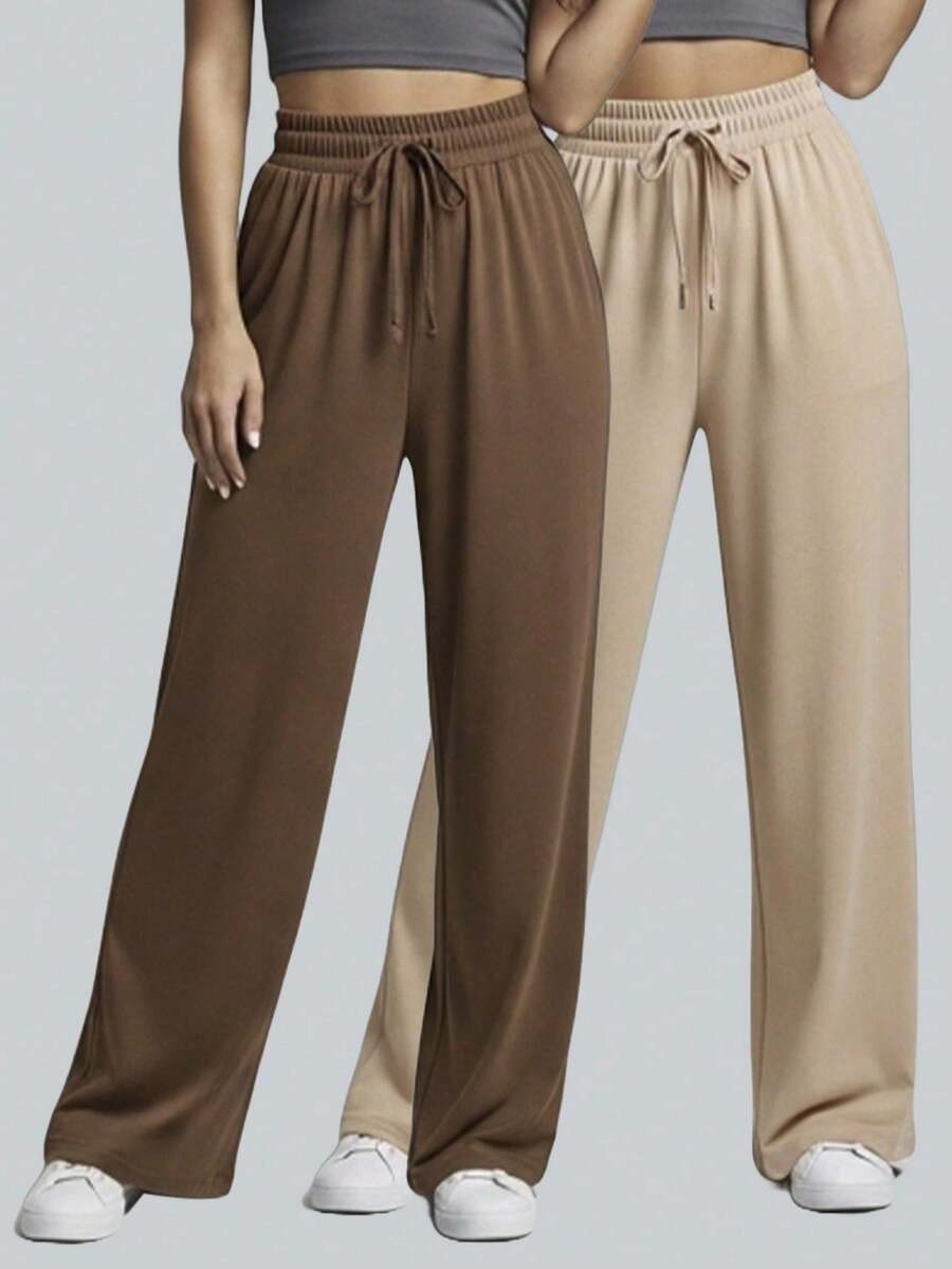 Kit 2 Calça Versatil Confortável Mulher Feminina Casual Wide Leg Cintura Elástica Cós Largo Sofisticado - Marrom e Palha - Visão 1