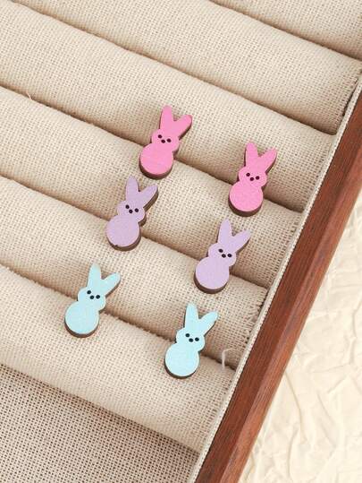 3 Pairs Cute Pink, Purple, Blue Rabbit Wooden Stud Earrings, Vintage Elegant, High-End, Suitable For Easter