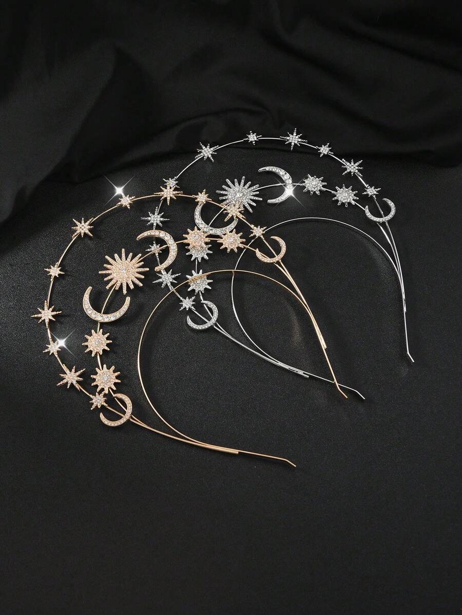 1/2件装女士水钻月亮星星发箍，3D立体发箍，金/银色发饰，优雅复古风，适合各种场合，新年发饰，女士配饰，发箍，发带，发饰，情人节礼物（含礼盒）发箍发圈 - 彩色 - 查看 1