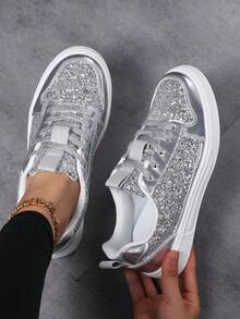 Fashion Outdoor Casual Shoes, City Series, Glitter Design, Commute, Fitness, Travel, Y2K Style Street Style, Round Toe, Low Top, Multi-Functional, Holiday Gift, Women's Sneakers,Fashionable Classic Sequin Women' Shoes. - Silver - View 6