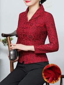 2026 Autumn/Winter Lace Long-Sleeved Outerwear For Women, Retro Style, Chinese-Style Lapel, Slim Fit, Fleece Lined For Warmth, Fold-Down Opening, Asian Sizes, Perfect Mother's Day Gift, Popular With Women, Stylish Outerwear, High-Value Outerwear, Suitable For Everyday/Casual/Social/Occasion/Vacation/Events/Holidays - 酒紅色 - 查看 5