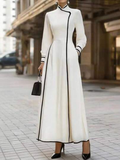 Women's Elegant Commuter Casual Valentine's Day Date Dress, Chic High-End Design Arab Middle Eastern Style Mandarin Collar Solid Color Black & White Contrast Trim Zipper Long Sleeve Pockets Maxi Dress, Suitable For Ramadan, Spring/Autumn