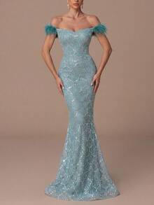 Faeriesty Luxury Beaded & Sequin Maxi Dress - Sparkling Geometric Beading And Feather Shoulder Details, Fitted Mermaid Silhouette With Floor-Length Hem, Suitable For Galas, Weddings, Red Carpets And Other Formal Occasions To Showcase Alluring Elegance. - Cadet Blue - View 5