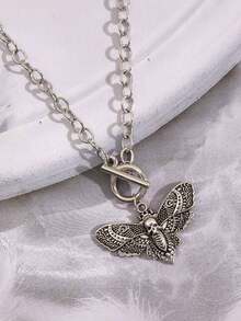 波西米亚哥特式飞蛾骷髅哥特蝴蝶吊坠Y2K项链，男女皆宜 - 銀色 - 查看 2