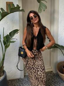 Women's High Waist Leopard Print Skirt, Spring/Summer - Khaki - View 3
