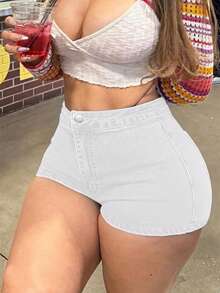 Pantalones cortos de mezclilla de cintura media con bolsillos traseros, ajustados y elásticos para el verano y el streetwear - Blanco - Ver 3