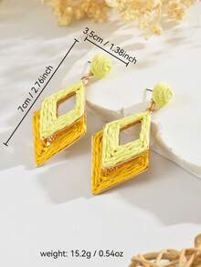 1 Pair Boho Handmade Woven Raffia Double-Layer Geometric Rhombus Earrings, Creative Exaggerated Colorful Raffia Geometric Earrings Suitable For Women's Daily, Vacation, Party Wear - Yellow - View 5