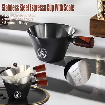 Cốc đong cà phê espresso 100ml bằng thép không gỉ, làm từ thép không gỉ 304 với tay cầm bằng gỗ và thiết kế hai vòi.
