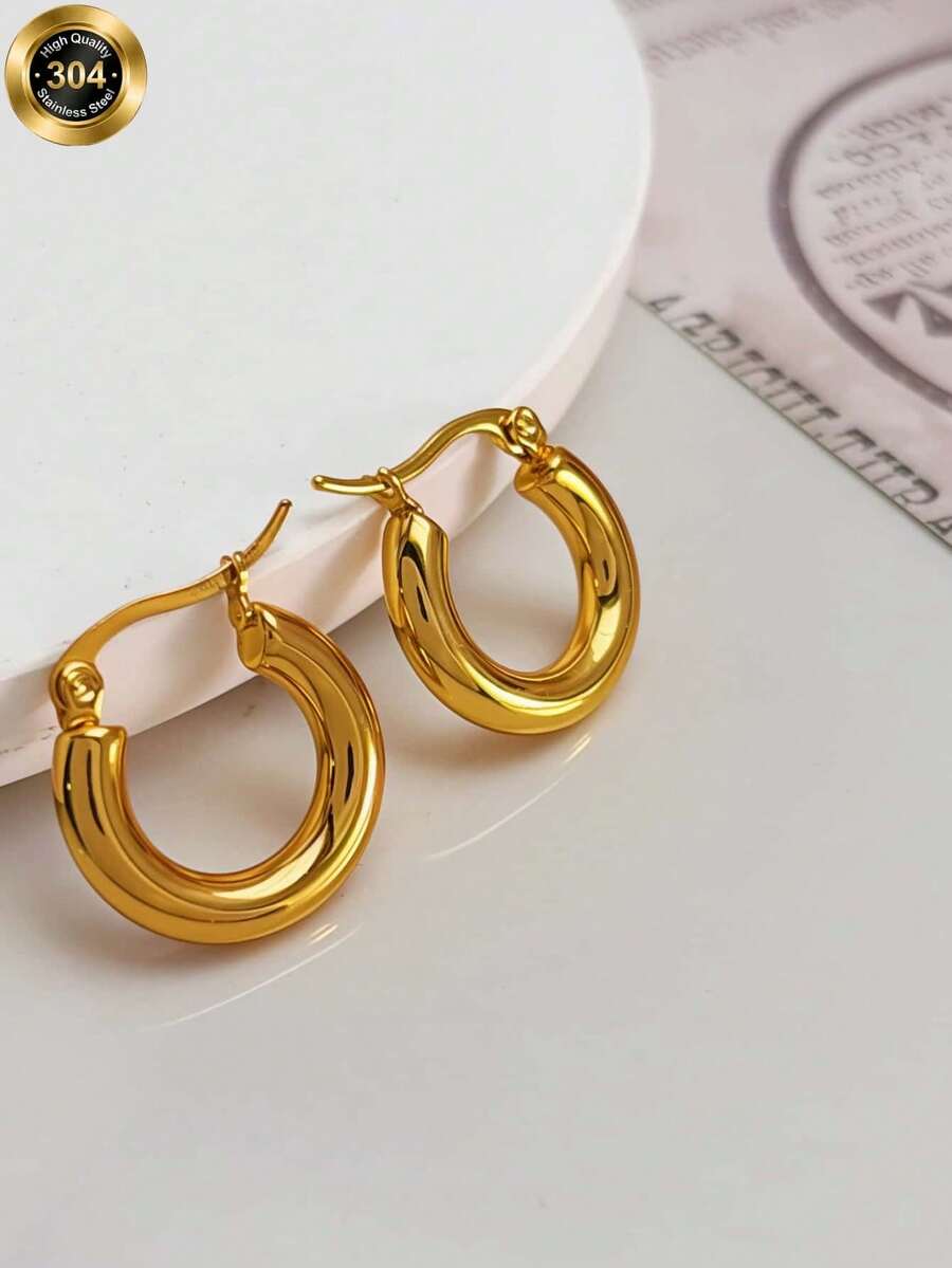 OBOVAY Elegant Minimalist 304 Stainless Steel Gold-Plated C-Shaped Hoop Earrings, Suitable For Young Women To Attend Parties, Also An Ideal Gift For Mother's Day, Valentine's Day For Wife Or Friends - Gold - View 1