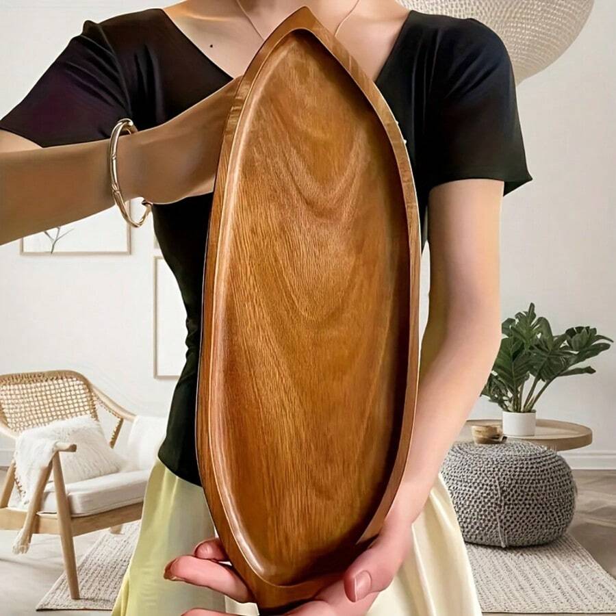 1pc Leaf-Shaped Wooden Display Tray, Serving Platter, Cup Holder, Cheese Board, Suitable For Home, Cafe, Tea, Decor, Storage Tray For Bathroom/Kitchen/Living Room/Dressing Room, Applicable For Various Festivals (7.67 Inches) (11.41 Inches)