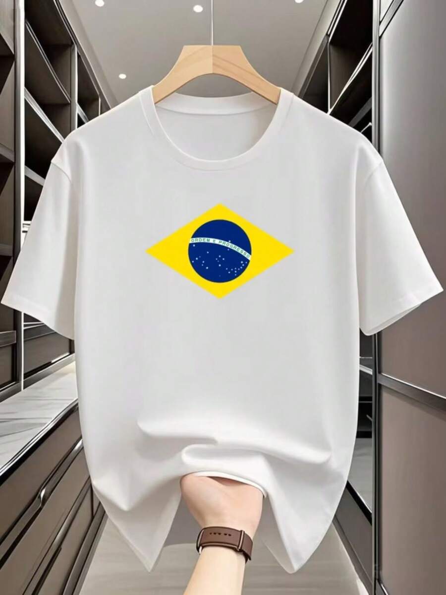 Brazilian Flag T-Shirt, Unisex Men's And Women's Blouse, 100% Cotton, Premium Top, Streetwear, New Release, Immediate Shipping, Various Colors!! - 白色 - 查看 1