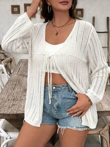 2026 Primavera/Verano Nueva Brisa Cómoda Elástica Cubierta de Punto con Cuello en V Hueco, Versátil y Elegante - Beis - Ver 2